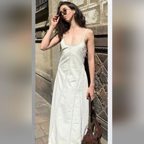 Zara Off White Spaghetti Strap Maxi Denim Dress Light Blue Stitching Sz XS NWT - Picture 1 of 14